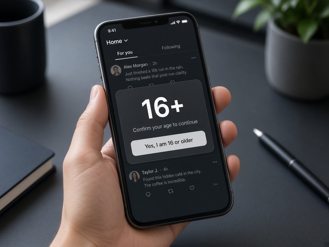 A smartphone showing a 16+ age-gate blocking a dimmed social feed.