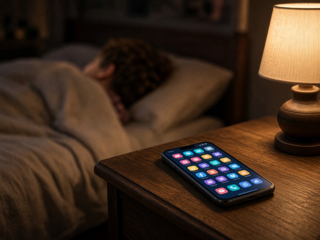 A phone at the lower-right of the frame shows social apps under a lit bedside lamp; a child sleeps out of focus in the bed.