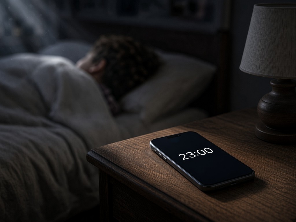 The same room in moonlight: the lamp is off, the phone is dark except the time 23:00.